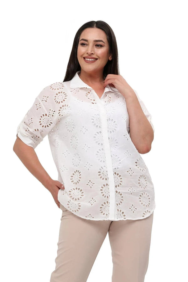 Plus Size White Cotton Viscose Shirt - Floral Patterned