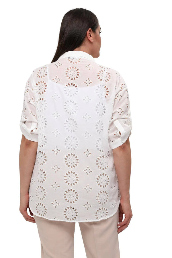 Plus Size White Cotton Viscose Shirt - Floral Patterned