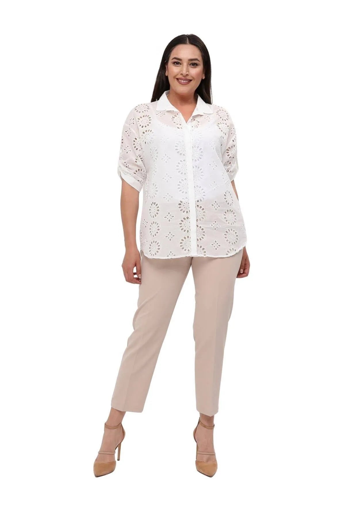 Plus Size Weißes Hemd aus Baumwoll-Viscose - Blumenmuster