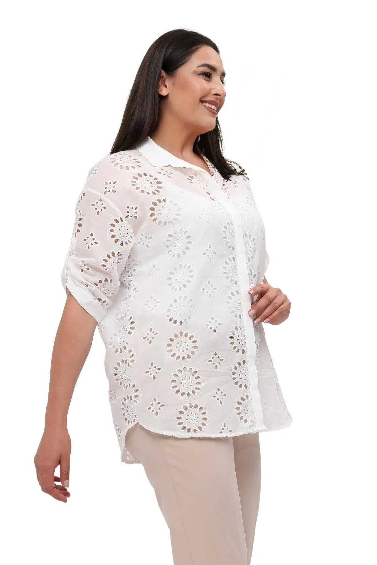 Plus Size Weißes Hemd aus Baumwoll-Viscose - Blumenmuster