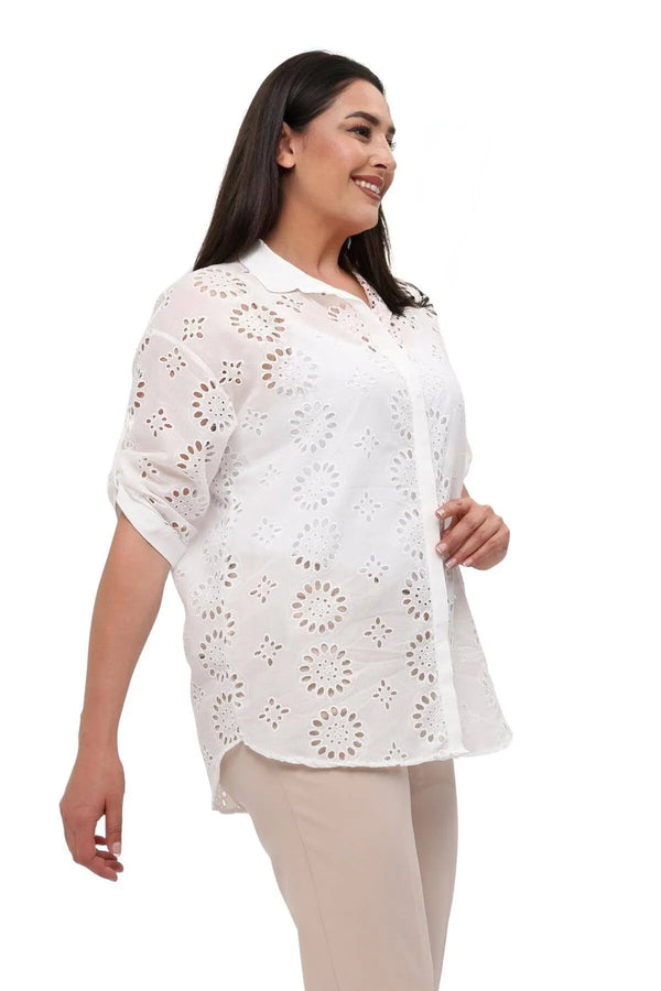 Plus Size White Cotton Viscose Shirt - Floral Patterned