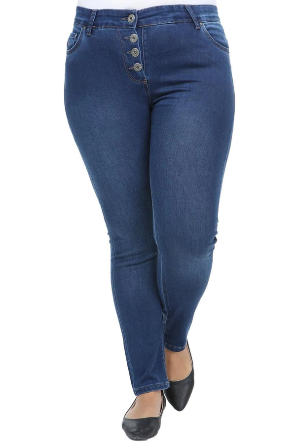 Büyük Beden Kadın Bilek Boy Kot Pantolon - Pamuklu Ticari Ürün Mavi Düz