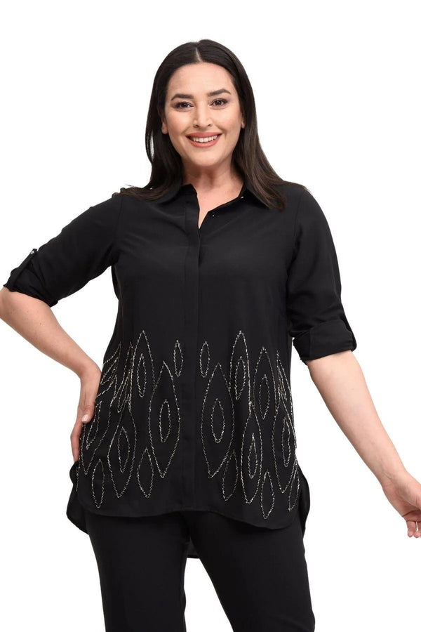Büyük Beden Kadın Büyük Beden Boncuk İşlemeli Gömlek - Pamuklu Viskon Desenli Abiye Gömlek Siyah Boncuk İşlemeli