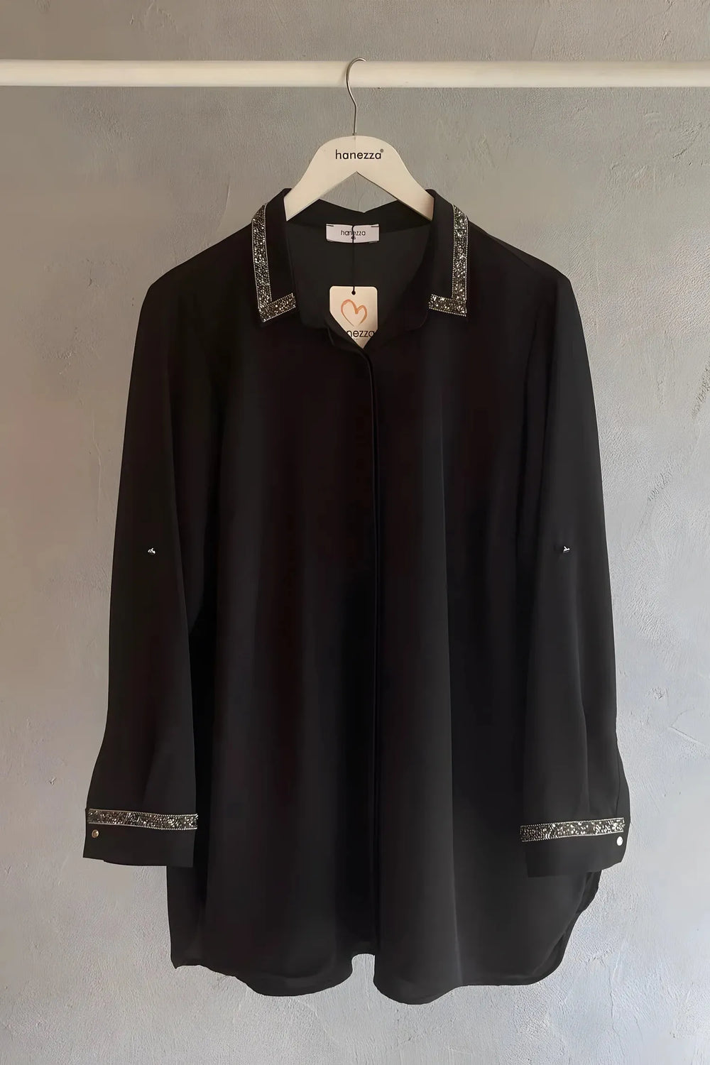 Plus Size Beaded Crepe Evening Blouse - Elegant Black Shirt - Image 1