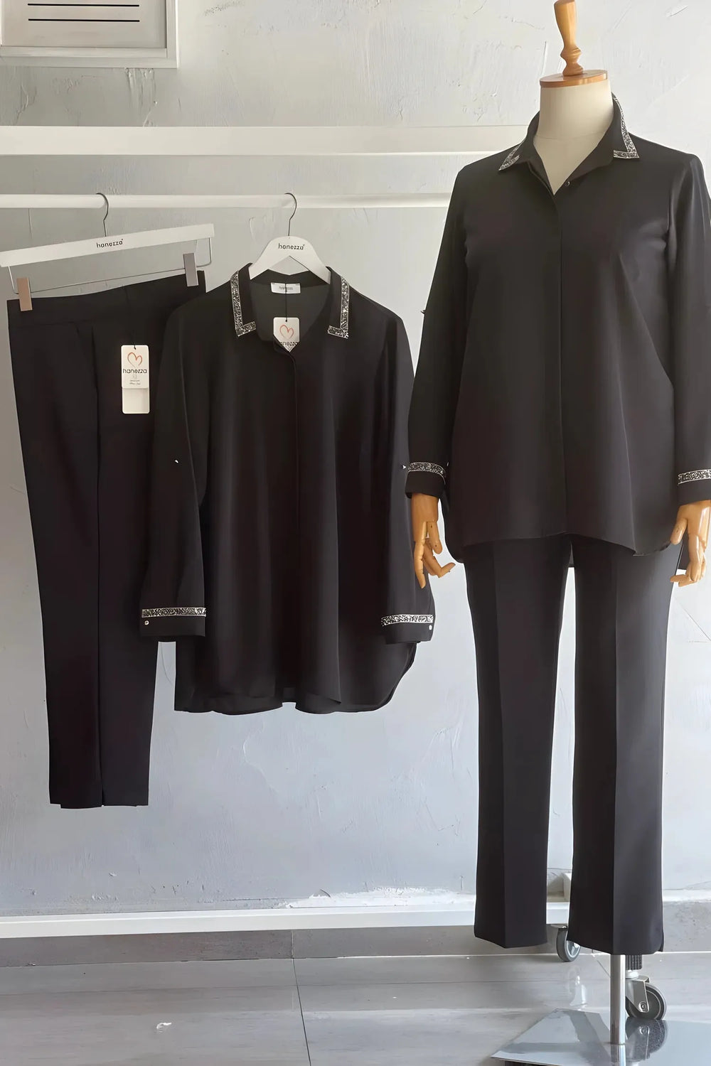 Plus Size Beaded Crepe Evening Blouse - Elegant Black Shirt - Image 3