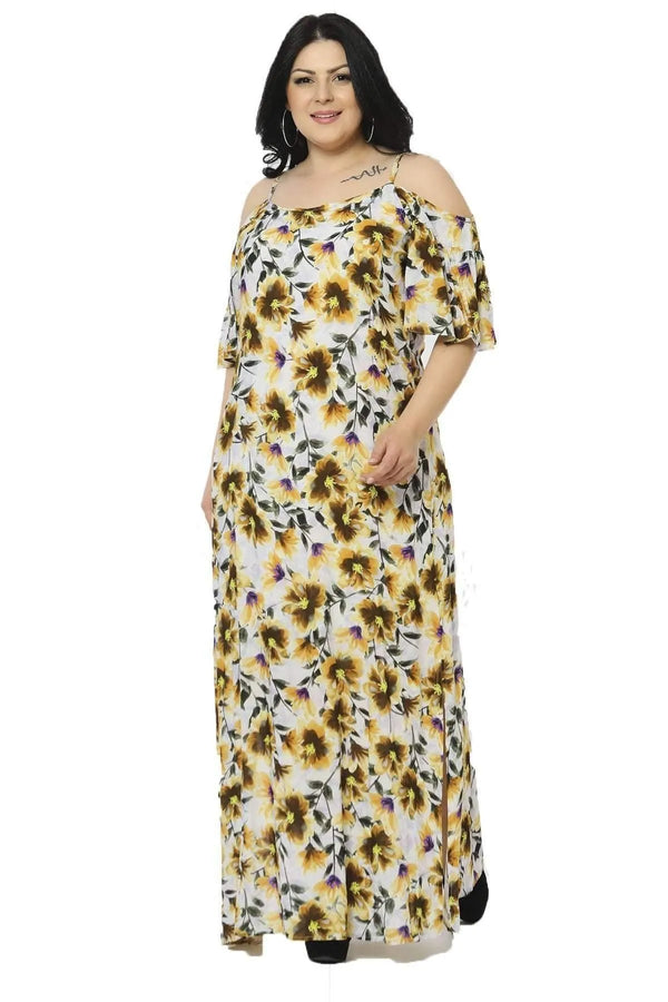 Büyük Beden Kadın Büyük Beden Çiçek Desenli Omuz Detaylı Elbise - Pamuk Viskon Çiçek Desenli