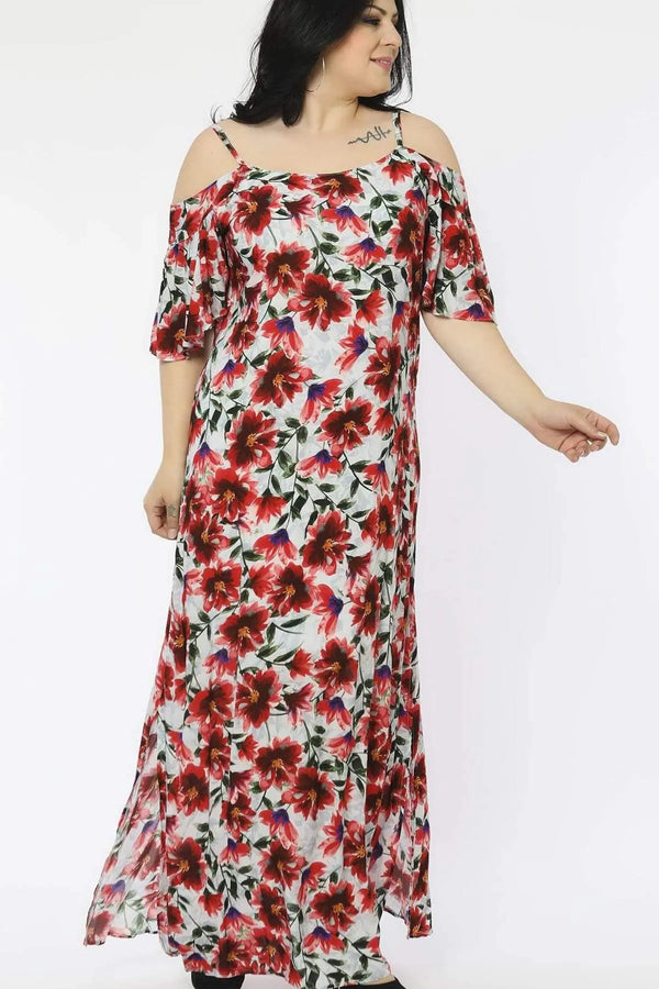 Büyük Beden Çiçek Desenli Omuz Detaylı Elbise - Pamuk Viskon