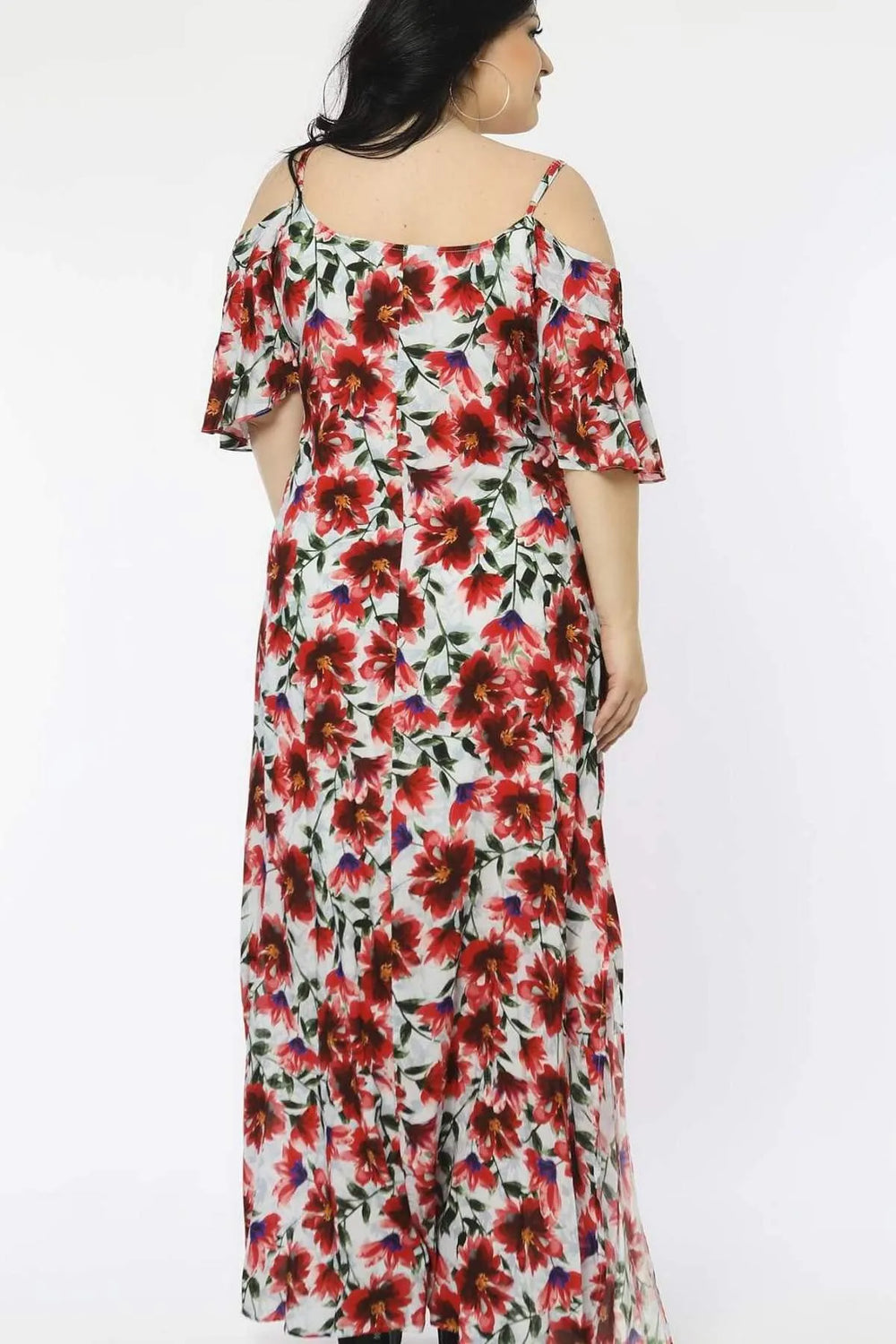 Büyük Beden Çiçek Desenli Omuz Detaylı Elbise - Pamuk Viskon - Image 6