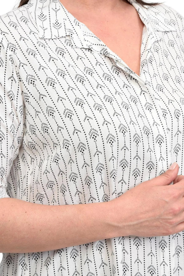 Büyük Beden Çiçek Desenli Pamuk Tunik Gömlek - Uzun Kollu