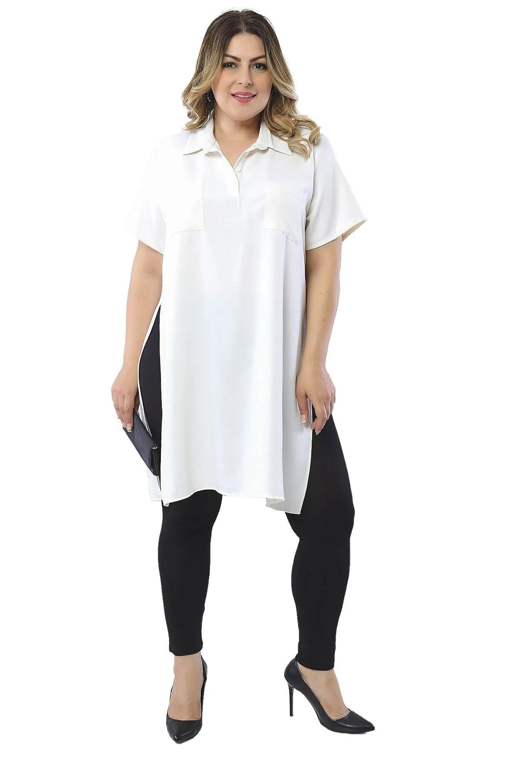 Plus Size Floral Pattern Tunic Shirt - Side Slit Detail - Image 2