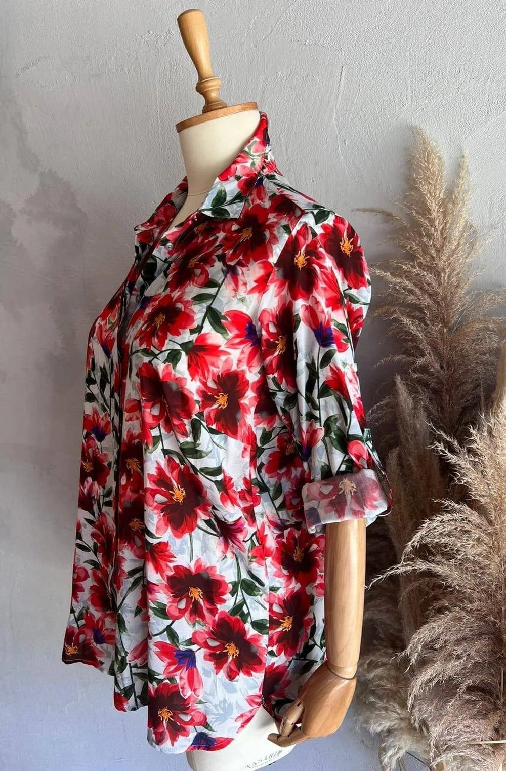Büyük Beden Çiçekli Gömlek Pamuklu Viskon Modern Kesim - Image 4
