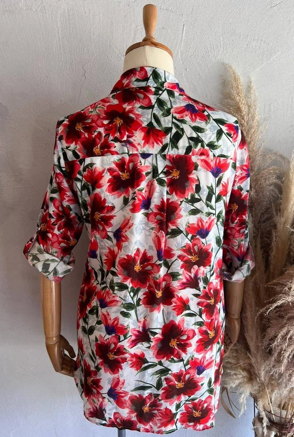 Büyük Beden Çiçekli Gömlek Pamuklu Viskon Modern Kesim - Image 5