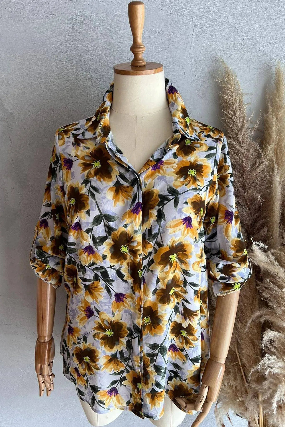 Büyük Beden Çiçekli Gömlek Pamuklu Viskon Modern Kesim - Image 8