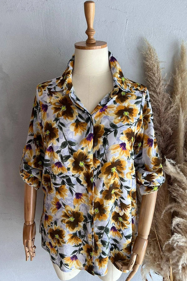 Büyük Beden Çiçekli Gömlek Pamuklu Viskon Modern Kesim