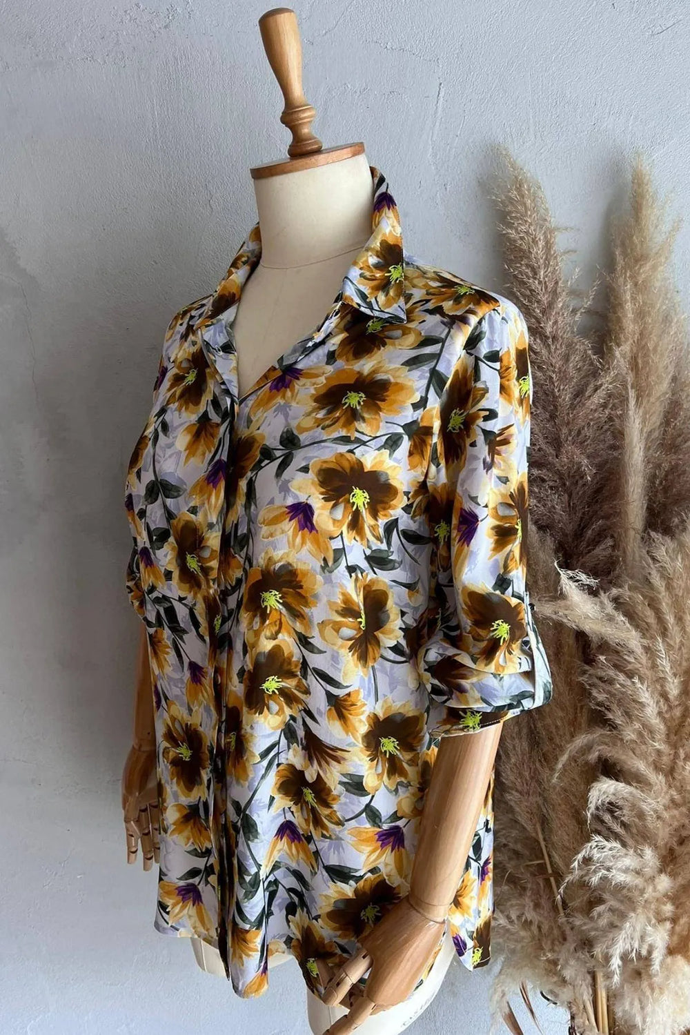 Büyük Beden Çiçekli Gömlek Pamuklu Viskon Modern Kesim - Image 11
