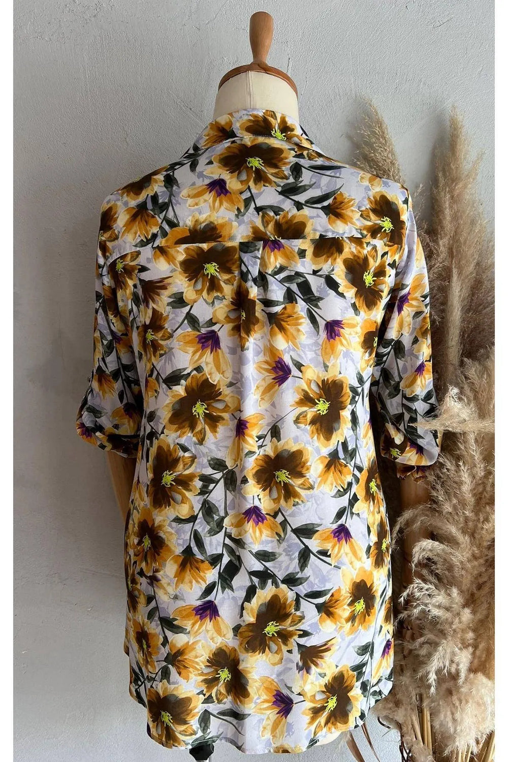 Büyük Beden Çiçekli Gömlek Pamuklu Viskon Modern Kesim - Image 12