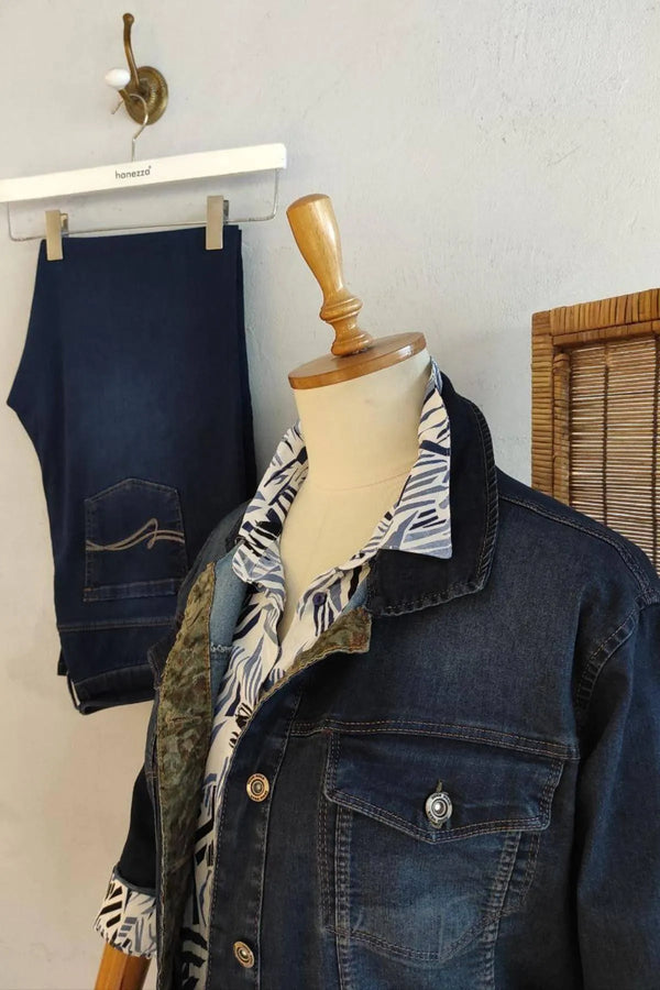 Büyük Beden Desenli Kot Ceket - Pamuklu Viskon Kumaş