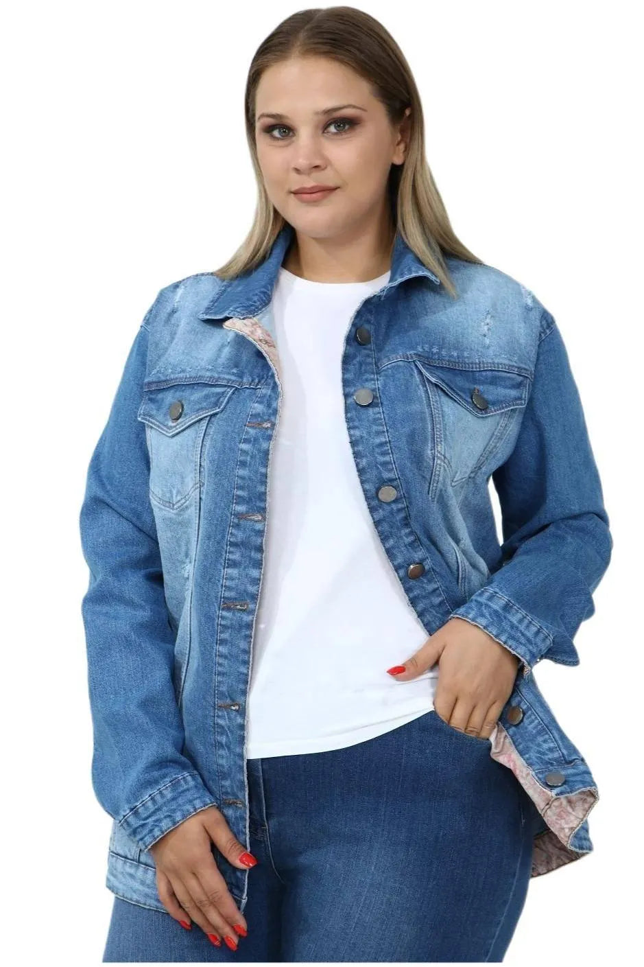 Büyük Beden Desenli Kot Ceket - Pamuklu Viskon Kumaş - Image 6