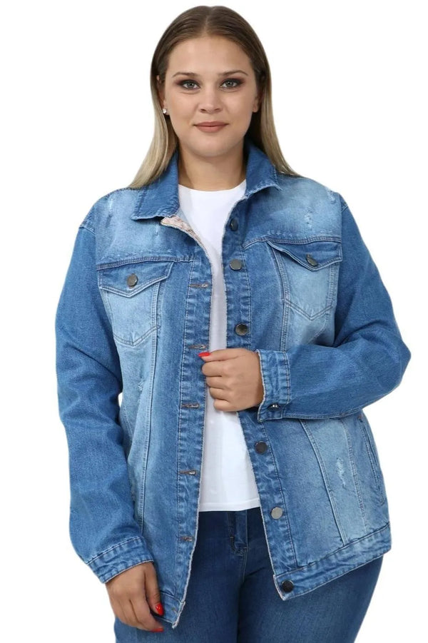 Büyük Beden Desenli Kot Ceket - Pamuklu Viskon Kumaş