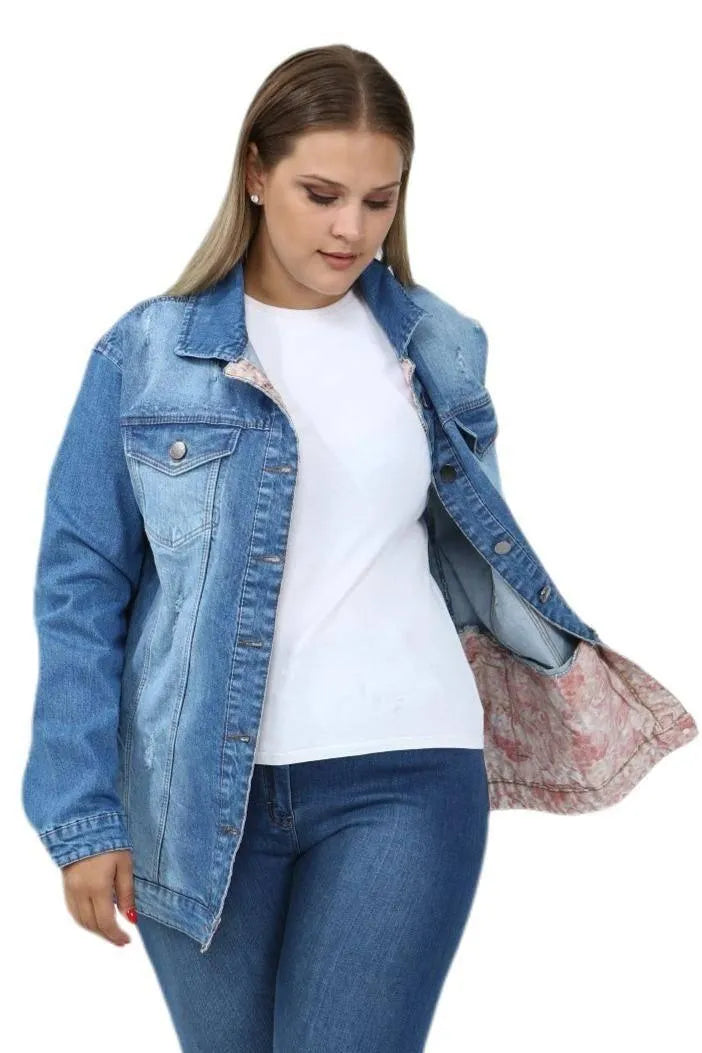 Büyük Beden Desenli Kot Ceket - Pamuklu Viskon Kumaş - Image 10