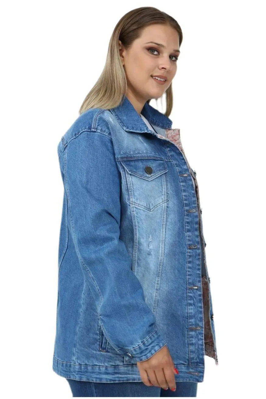 Büyük Beden Desenli Kot Ceket - Pamuklu Viskon Kumaş - Image 11