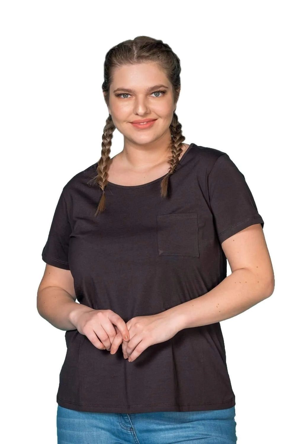 Plus Size Damen T-Shirt in Anthrazit mit Taschendetail und Rundhalsausschnitt - Image 1