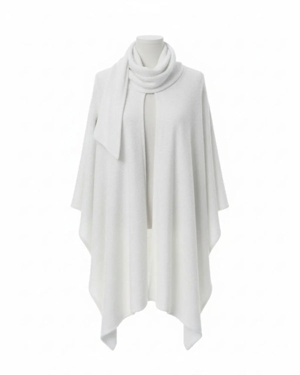 Plus Size Women's White Cotton Hijab Poncho - Scarf Detailed