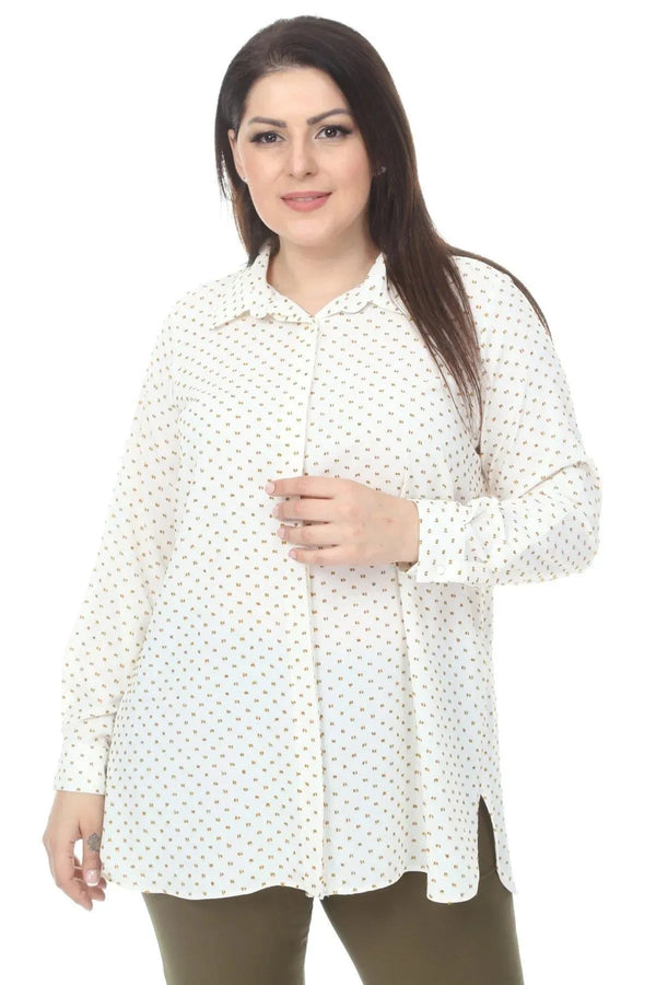 Büyük Beden Kadın Büyük Beden Kadın Beyaz Puantiye Desenli Tunik Gömlek Büyük Beden Gömlek Beyaz Puantiye Desenli