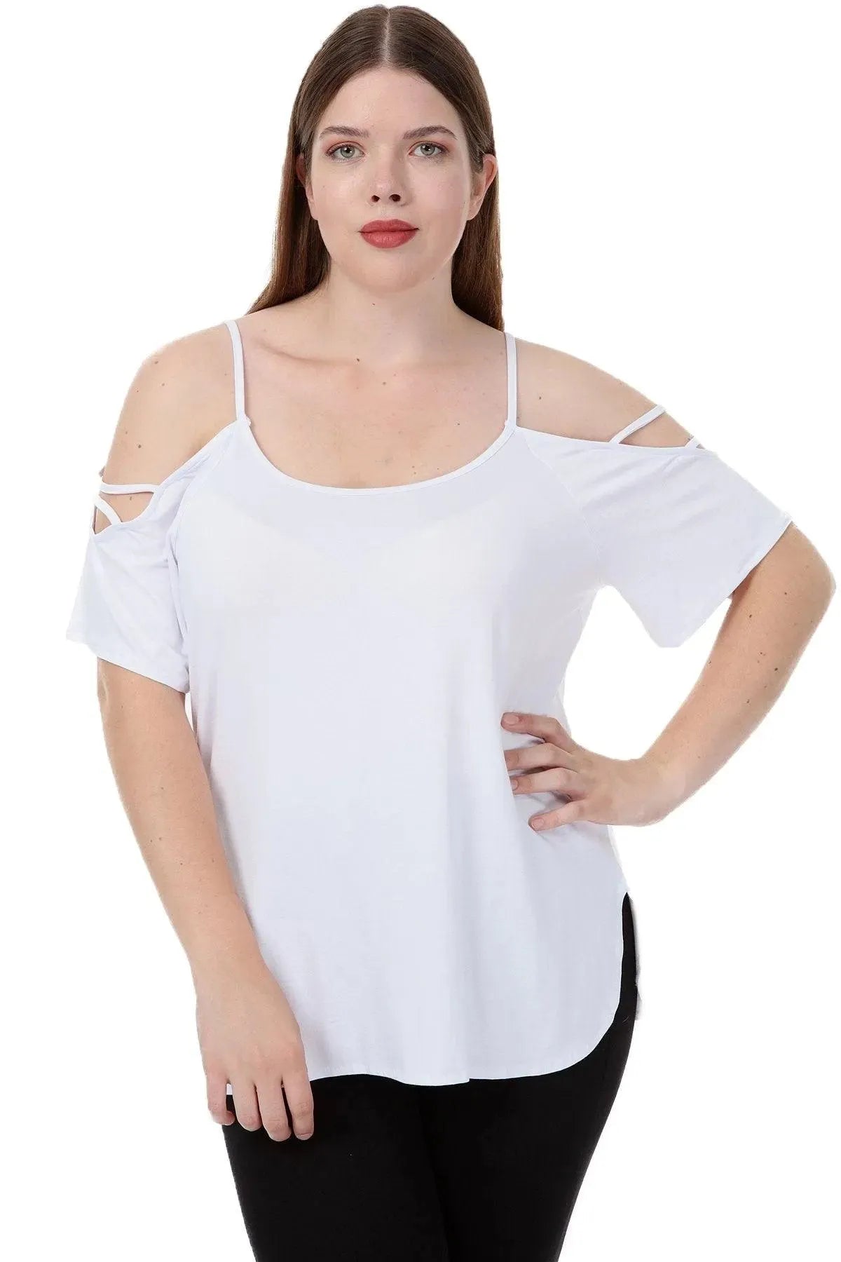 Büyük Beden Kadın Büyük Beden Kadın Beyaz Viskon Omuz Dekolteli Yazlık Bluz Büyük Beden T-Shirt Beyaz Viskon
