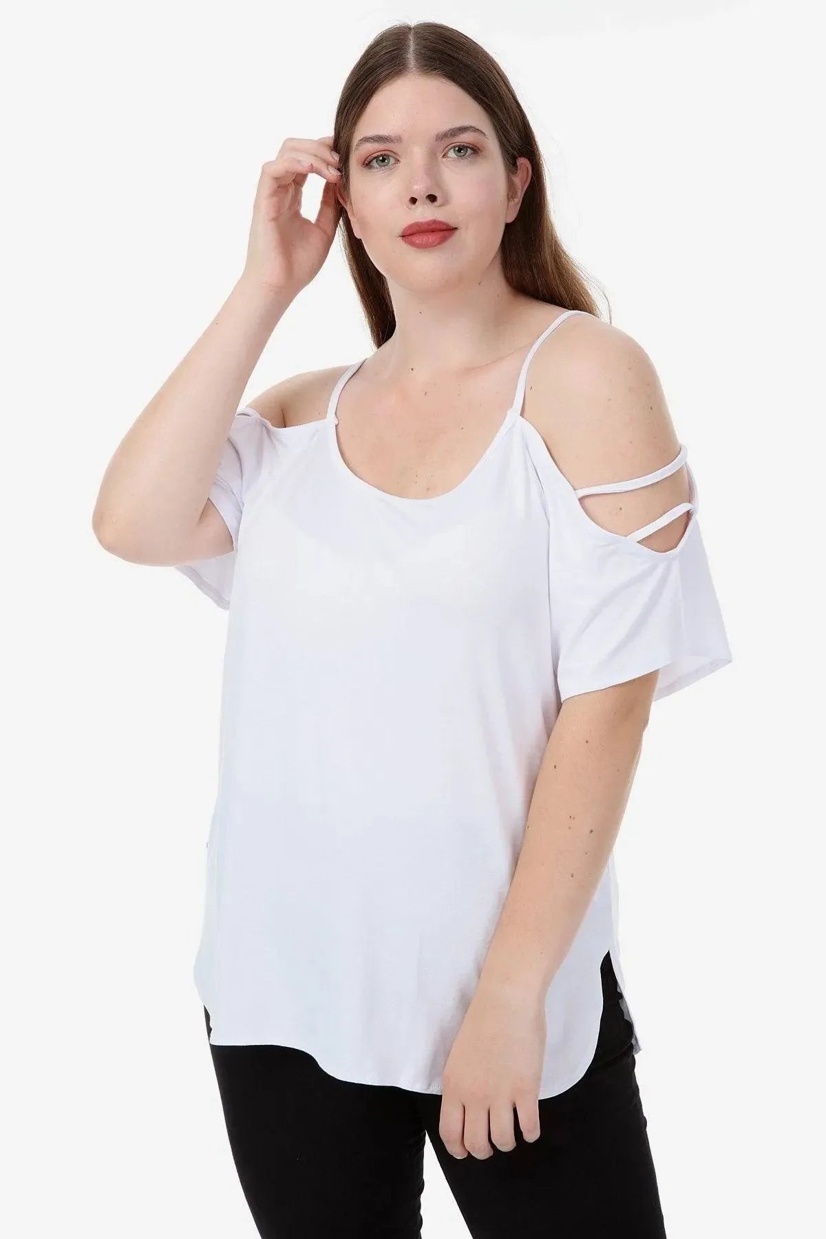 Büyük Beden Kadın Büyük Beden Kadın Beyaz Viskon Omuz Dekolteli Yazlık Bluz Büyük Beden T-Shirt Beyaz Viskon