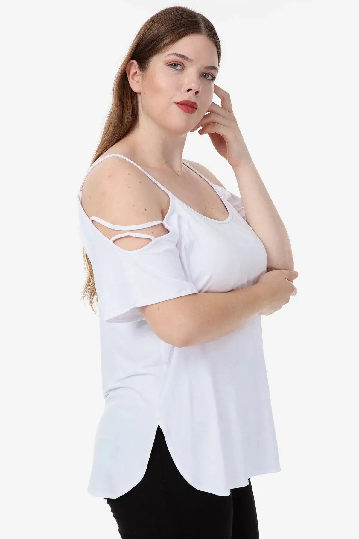 Büyük Beden Kadın Büyük Beden Kadın Beyaz Viskon Omuz Dekolteli Yazlık Bluz Büyük Beden T-Shirt Beyaz Viskon