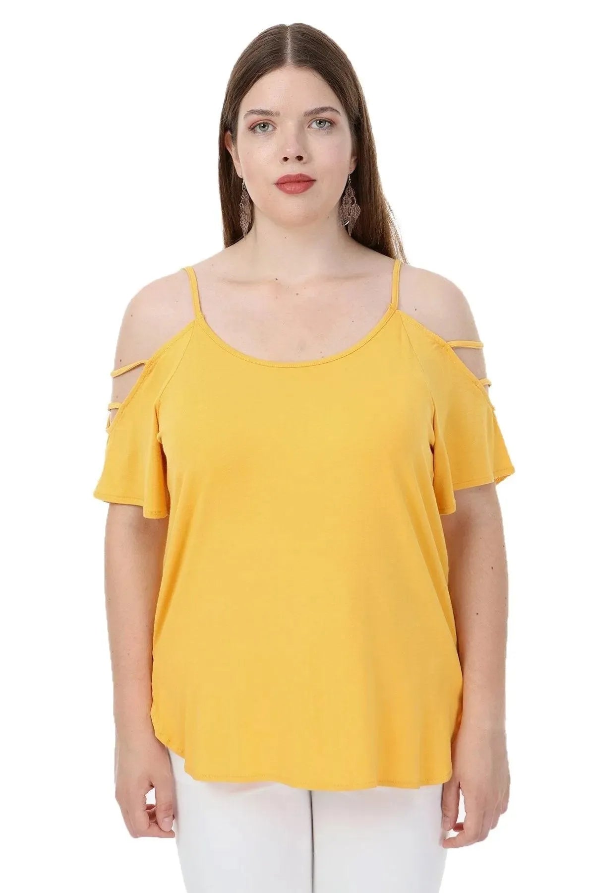 Büyük Beden Kadın Büyük Beden Kadın Sarı Viskon Omuz Dekolteli Yazlık Bluz Büyük Beden T-Shirt Sarı Düz Renk