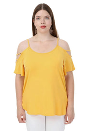 Büyük Beden Kadın Büyük Beden Kadın Sarı Viskon Omuz Dekolteli Yazlık Bluz Büyük Beden T-Shirt Sarı Düz Renk