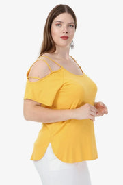 Büyük Beden Kadın Büyük Beden Kadın Sarı Viskon Omuz Dekolteli Yazlık Bluz Büyük Beden T-Shirt Sarı Viskon