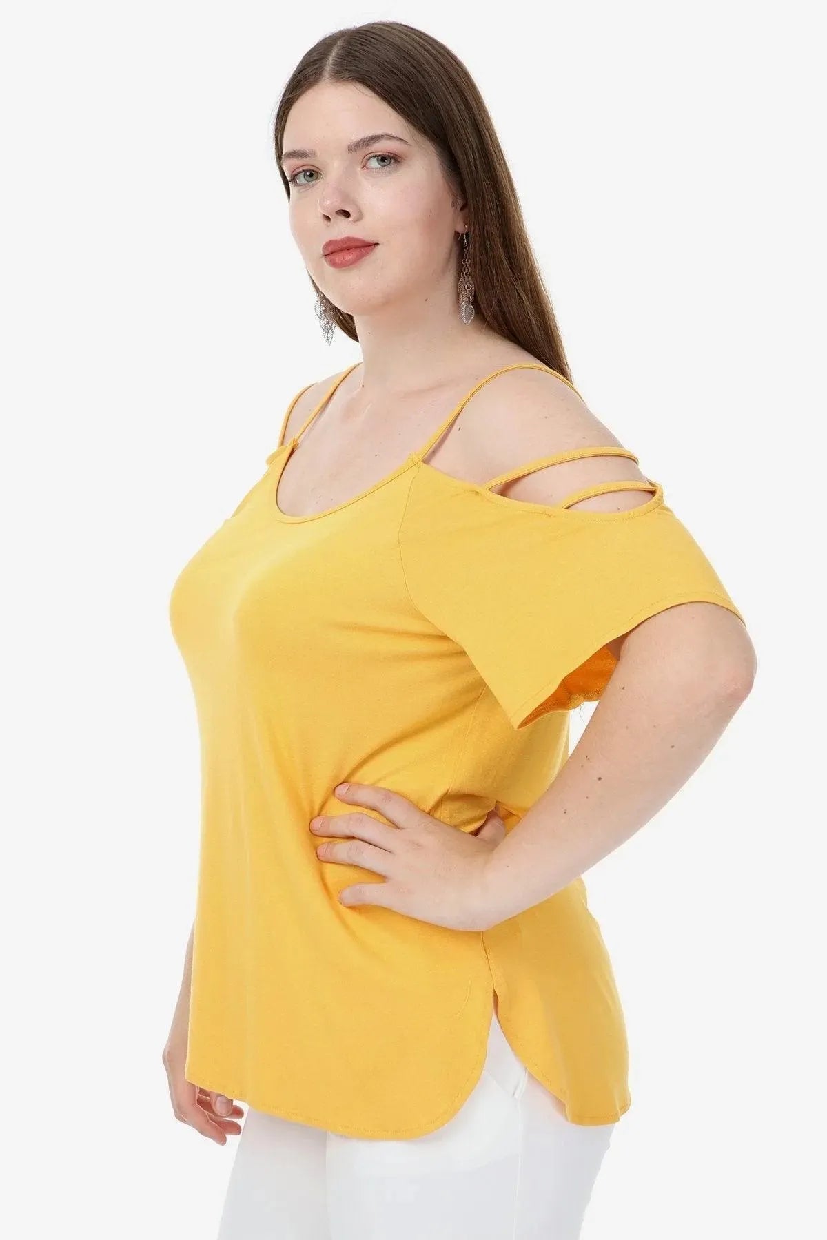 Büyük Beden Kadın Büyük Beden Kadın Sarı Viskon Omuz Dekolteli Yazlık Bluz Büyük Beden T-Shirt Sarı Düz Renk