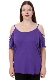 Büyük Beden Kadın Büyük Beden Kadın Mor Viskon Omuz Dekolteli Yazlık Bluz Büyük Beden T-Shirt Mor Viskon