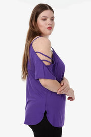 Büyük Beden Kadın Büyük Beden Kadın Mor Viskon Omuz Dekolteli Yazlık Bluz Büyük Beden T-Shirt Mor Viskon