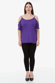Büyük Beden Kadın Büyük Beden Kadın Mor Viskon Omuz Dekolteli Yazlık Bluz Büyük Beden T-Shirt Mor Viskon
