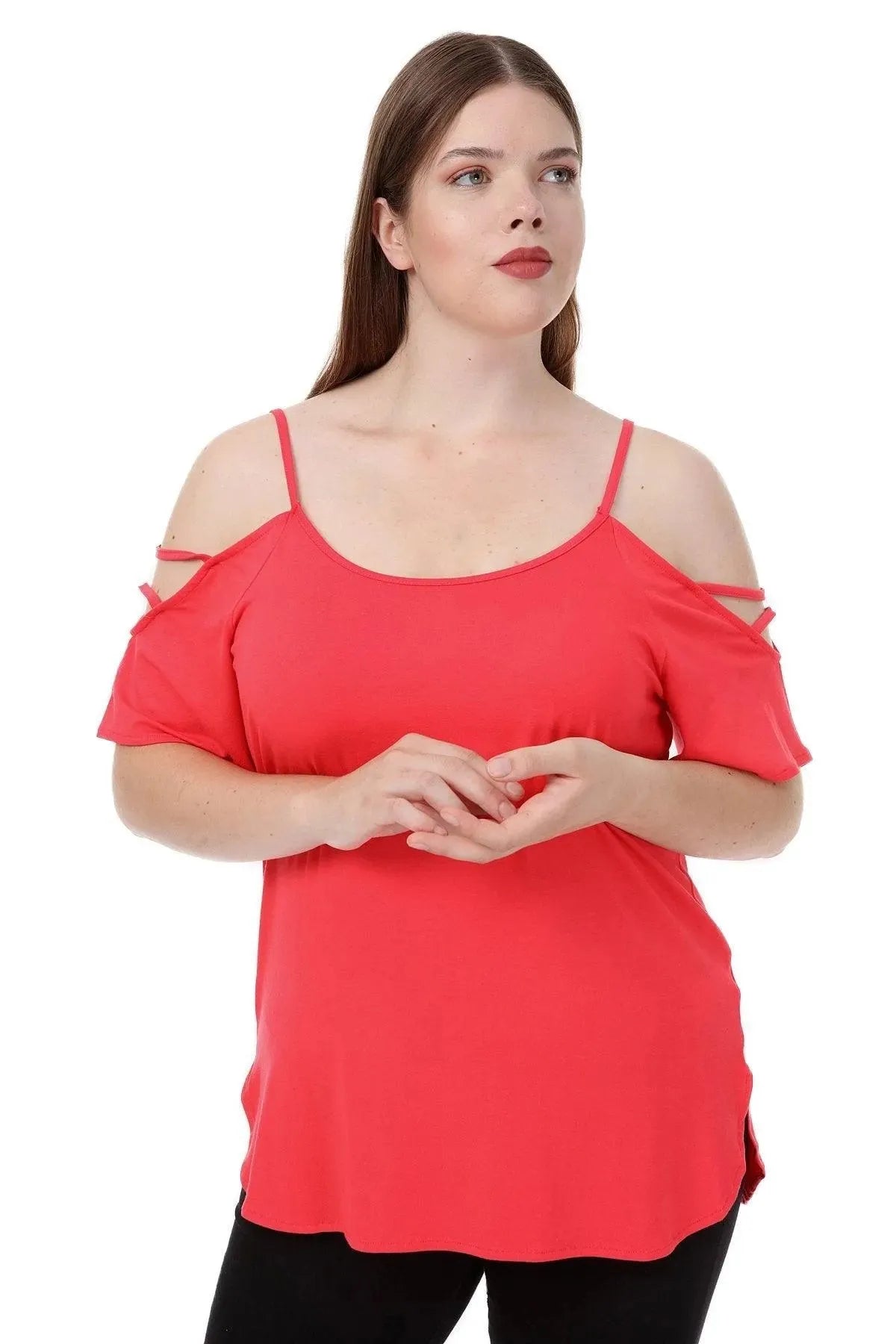 Büyük Beden Kadın Büyük Beden Kadın Omuz Dekolteli Yazlık Bluz Büyük Beden T-Shirt Kırmızı Düz Renk