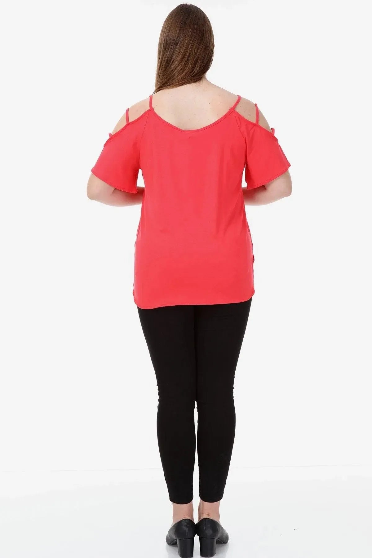 Büyük Beden Kadın Büyük Beden Kadın Pembe Viskon Omuz Dekolteli Yazlık Bluz Büyük Beden T-Shirt Pembe Düz