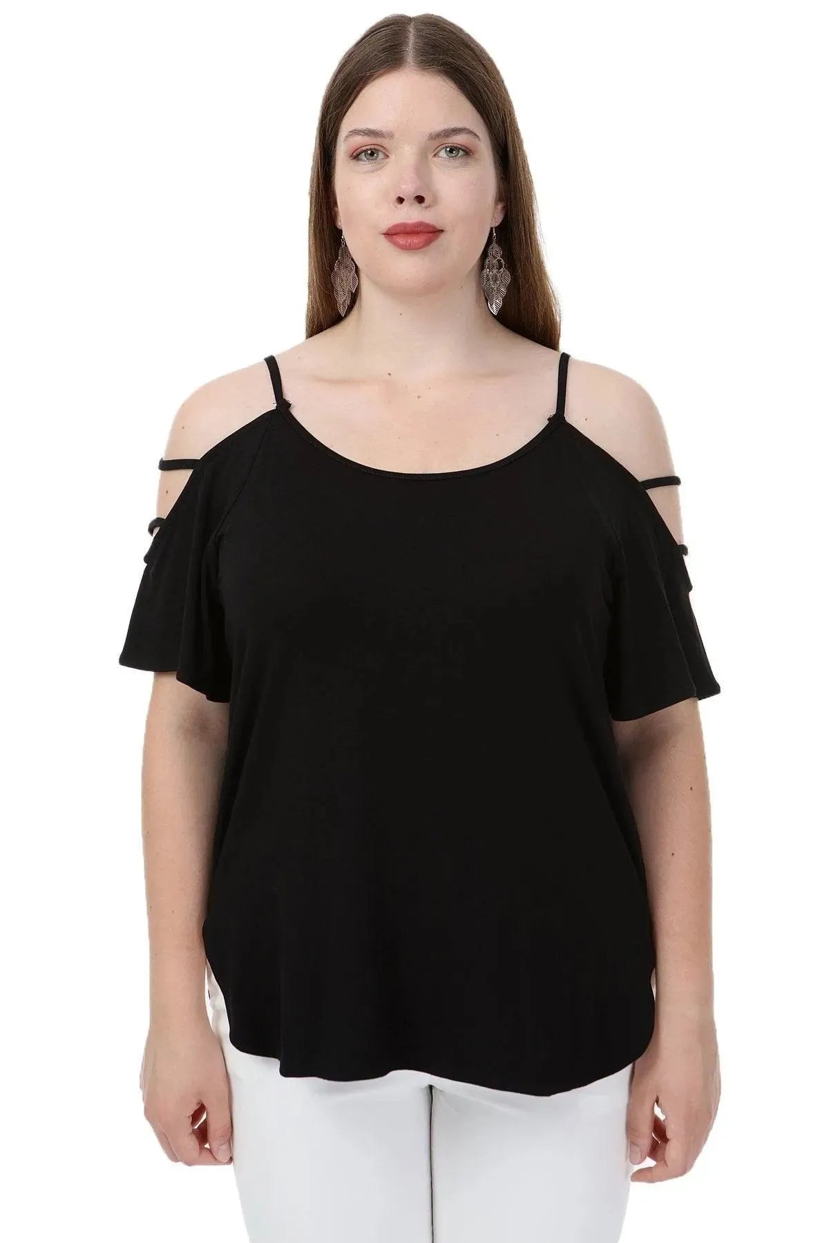 Büyük Beden Kadın Büyük Beden Kadın Siyah Viskon Omuz Dekolteli Yazlık Bluz Büyük Beden T-Shirt Siyah Viskon