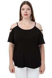 Büyük Beden Kadın Büyük Beden Kadın Siyah Viskon Omuz Dekolteli Yazlık Bluz Büyük Beden T-Shirt Siyah Viskon