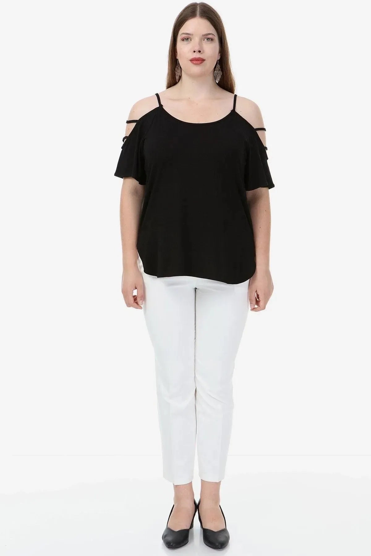 Büyük Beden Kadın Büyük Beden Kadın Siyah Viskon Omuz Dekolteli Yazlık Bluz Büyük Beden T-Shirt Siyah Viskon