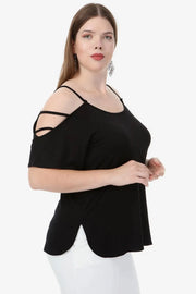 Büyük Beden Kadın Büyük Beden Kadın Siyah Viskon Omuz Dekolteli Yazlık Bluz Büyük Beden T-Shirt Siyah Viskon
