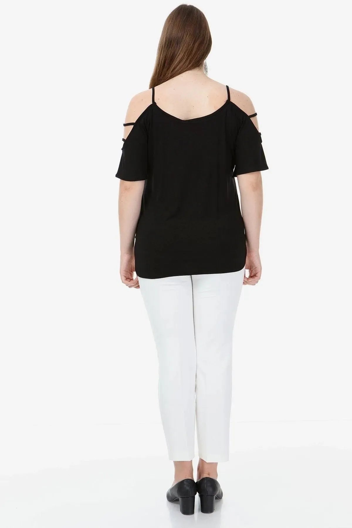 Büyük Beden Kadın Büyük Beden Kadın Beyaz Viskon Omuz Dekolteli Yazlık Bluz Büyük Beden T-Shirt Siyah Düz