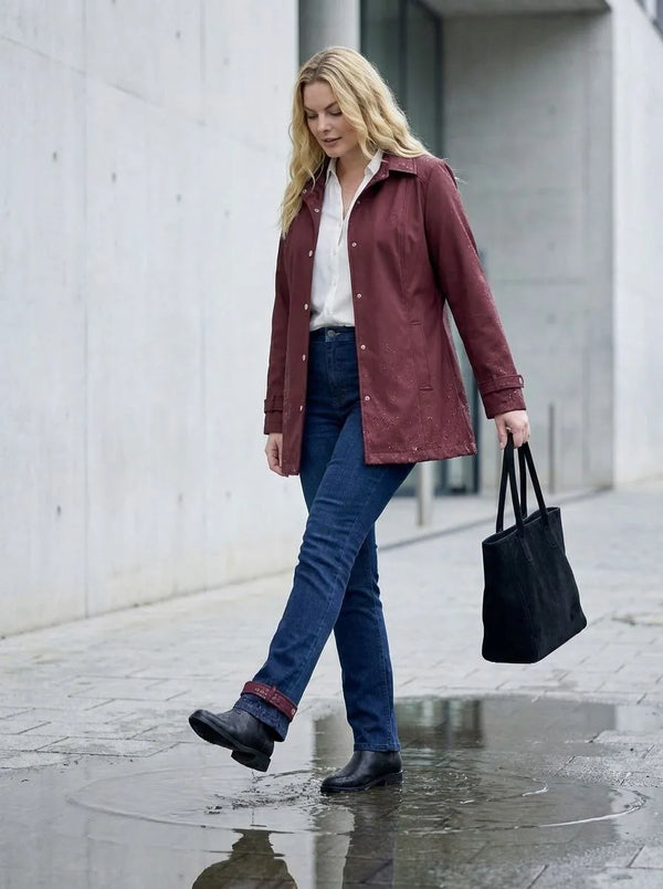 Женский бордовый тренч больших размеров с водоотталкивающим эффектом и комфортным кроем на подкладке