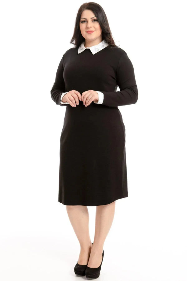 Büyük Beden Kadın Büyük Beden Kadın Çelik Örgü Çiçek Nakışlı Takma Yaka Elbise Büyük Beden Elbise Siyah Düz