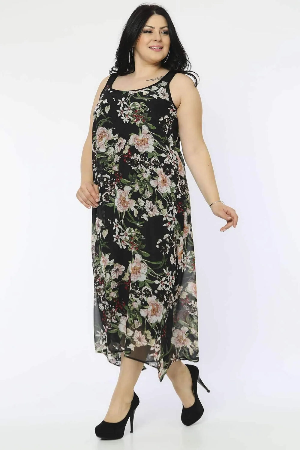 Женское платье больших размеров с цветочным принтом на широких бретелях из хлопковой вискозы - Image 2