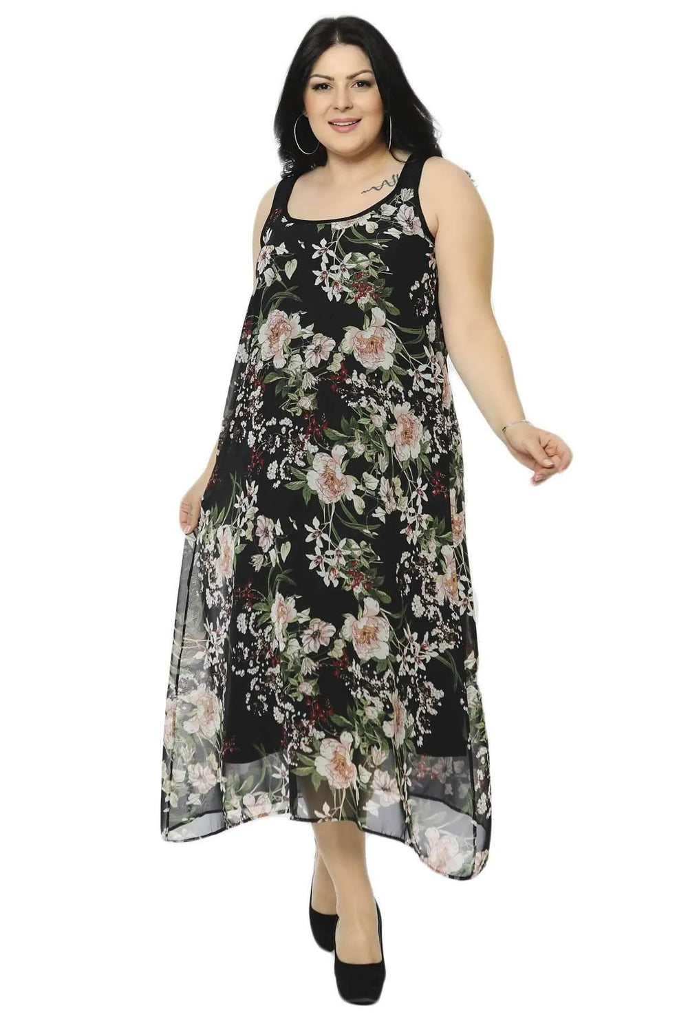 Женское платье больших размеров с цветочным принтом на широких бретелях из хлопковой вискозы - Image 1