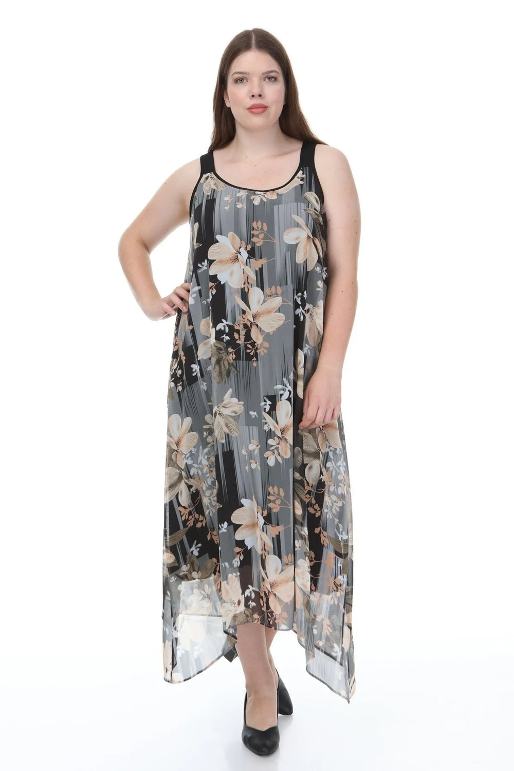 Büyük Beden Kadın Çiçek Desenli Pamuklu Viskon Maxi Elbise - Image 3